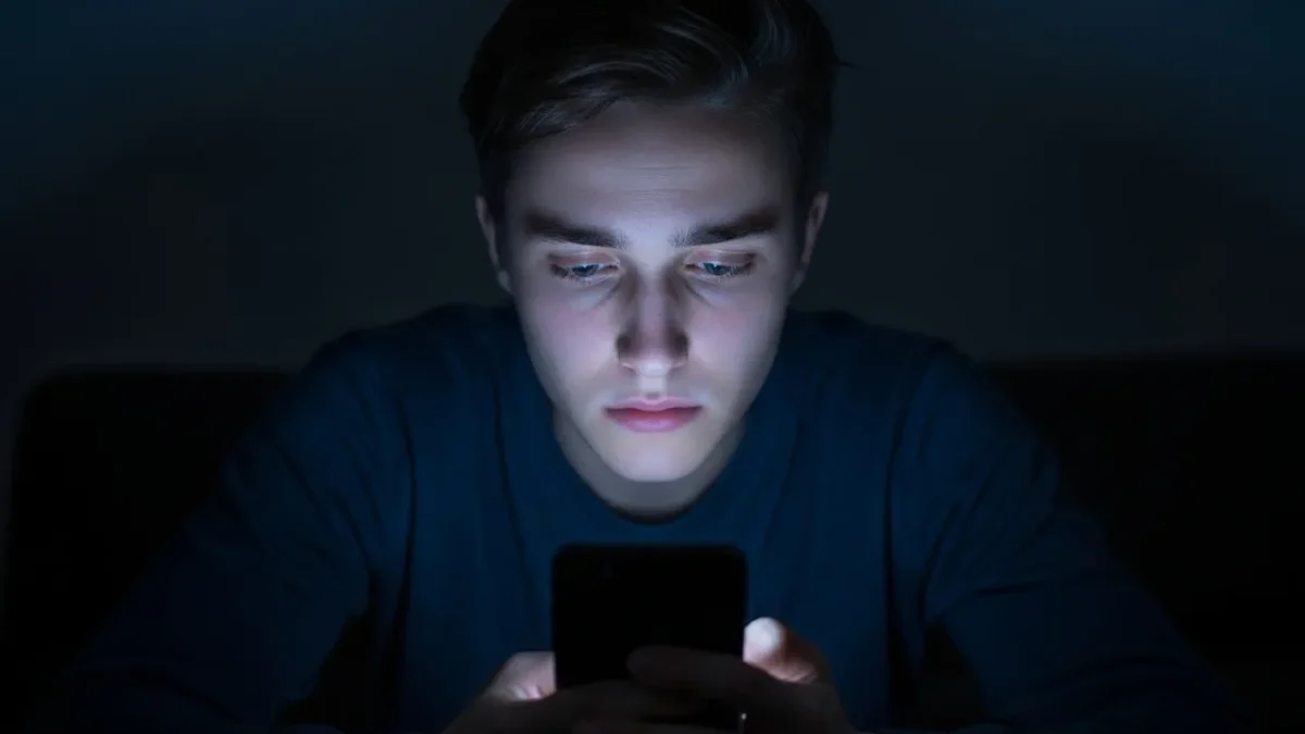 Młody mężczyzna siedzi w ciemnym pokoju i wpatruje się w ekran smartfona, którego zimne światło oświetla jego twarz. Wygląda na zamyślonego i przygnębionego.