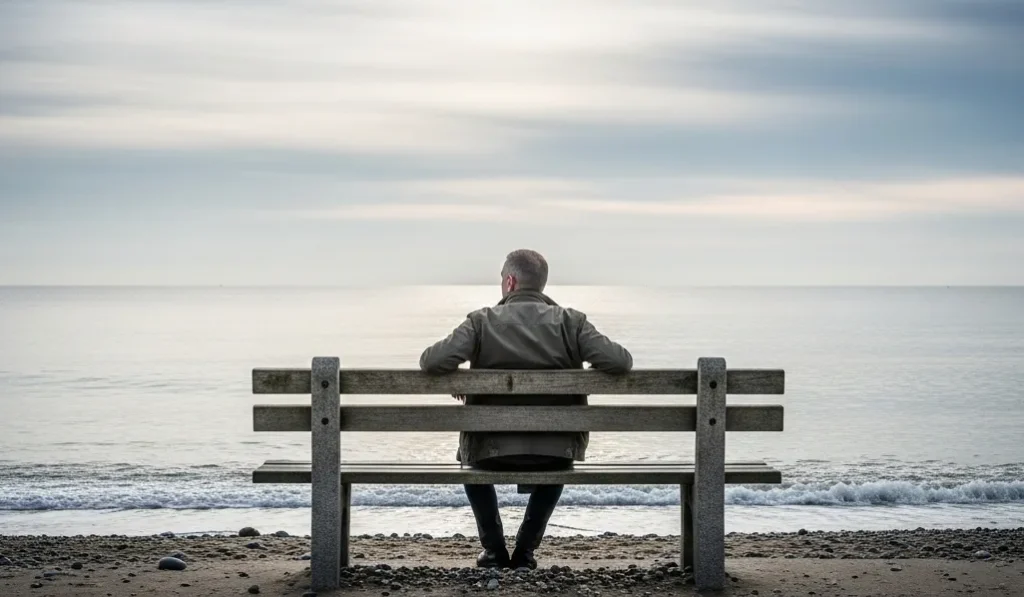Mężczyzna siedzący samotnie na drewnianej ławce nad morzem, patrzący w stronę spokojnej tafli wody i zachmurzonego nieba z widocznym słońcem.