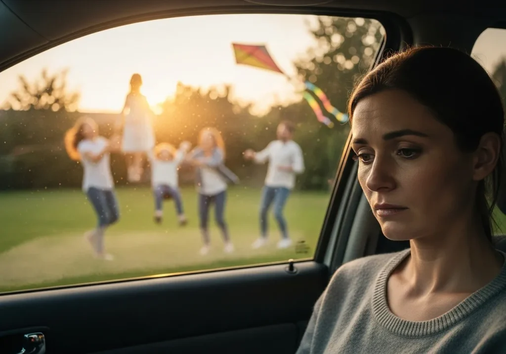 Smutna kobieta siedzi wewnątrz samochodu i patrzy w dół, podczas gdy za oknem widać na tle zachodzącego słońca rozmytą scenę bawiącej się w ogrodzie rodziny z dziećmi i kolorowymi latawcami.