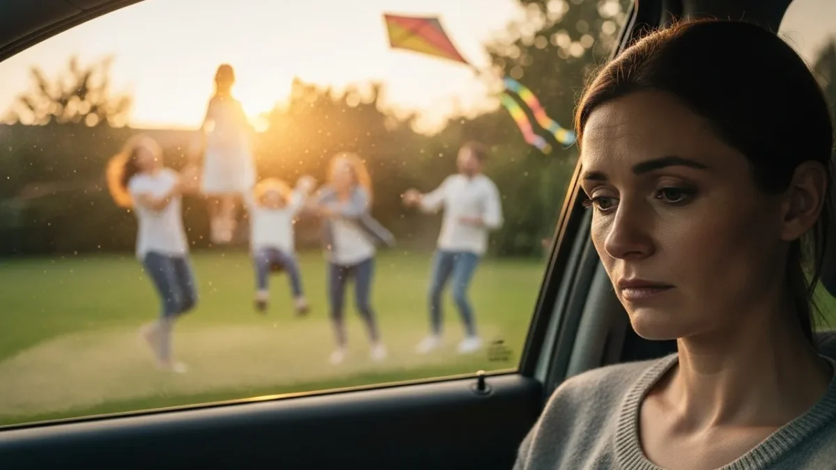 Smutna kobieta siedzi wewnątrz samochodu i patrzy w dół, podczas gdy za oknem widać na tle zachodzącego słońca rozmytą scenę bawiącej się w ogrodzie rodziny z dziećmi i kolorowymi latawcami.